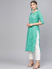 Women Green & White Printed Straight Kurta