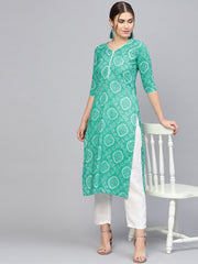 Women Green & White Printed Straight Kurta