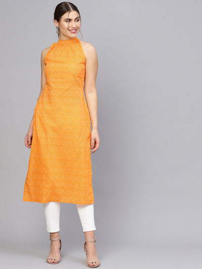 Women Orange & Off-White Striped Straight Kurta
