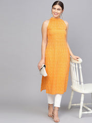 Women Orange & Off-White Striped Straight Kurta