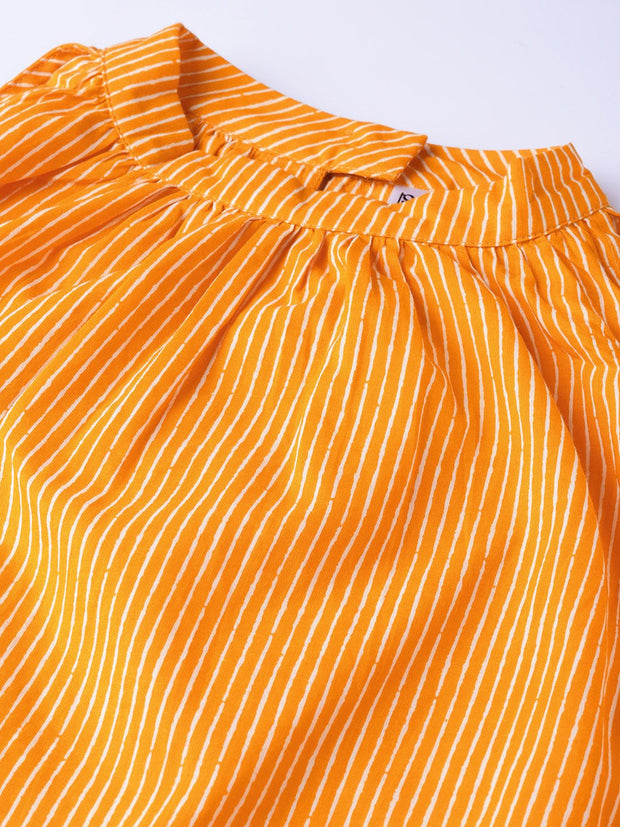Women Orange & Off-White Striped Straight Kurta