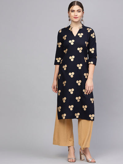Women Navy Blue & Golden Printed Straight Kurta