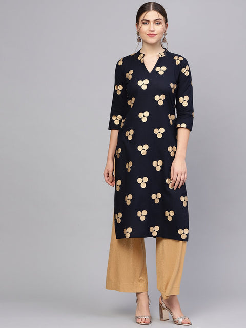 Women Navy Blue & Golden Printed Straight Kurta