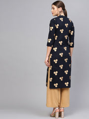 Women Navy Blue & Golden Printed Straight Kurta