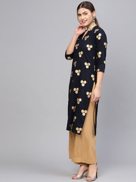 Women Navy Blue & Golden Printed Straight Kurta