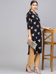 Women Navy Blue & Golden Printed Straight Kurta