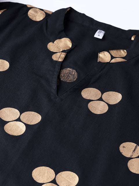 Women Navy Blue & Golden Printed Straight Kurta