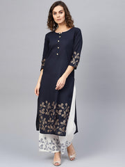 Women Navy Blue & White Printed Kurta with Palazzos