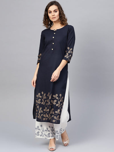 Women Navy Blue & White Printed Kurta with Palazzos