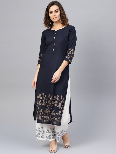 Women Navy Blue & White Printed Kurta with Palazzos