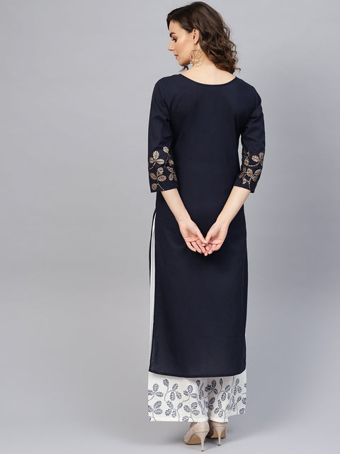 Women Navy Blue & White Printed Kurta with Palazzos