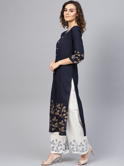 Women Navy Blue & White Printed Kurta with Palazzos