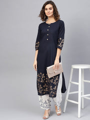 Women Navy Blue & White Printed Kurta with Palazzos