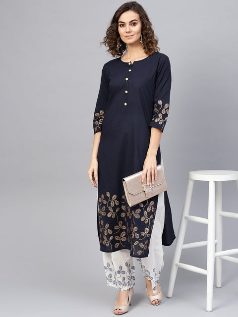 Women Navy Blue & White Printed Kurta with Palazzos