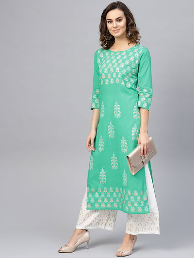 Women Green & White Printed Kurta with Palazzos