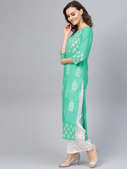 Women Green & White Printed Kurta with Palazzos
