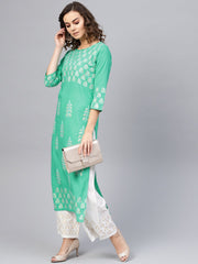 Women Green & White Printed Kurta with Palazzos