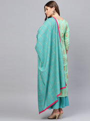 Women Green & Blue Printed Kurta with Skirt & Dupatta