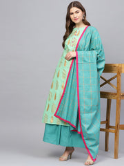 Women Green & Blue Printed Kurta with Skirt & Dupatta
