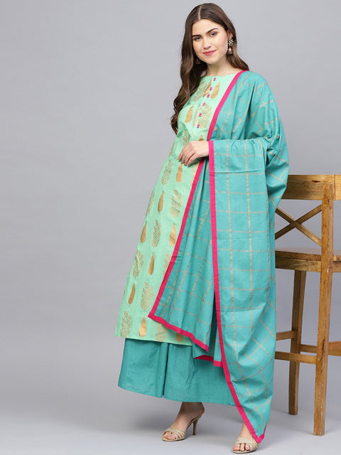 Women Green & Blue Printed Kurta with Skirt & Dupatta