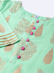Women Green & Blue Printed Kurta with Skirt & Dupatta
