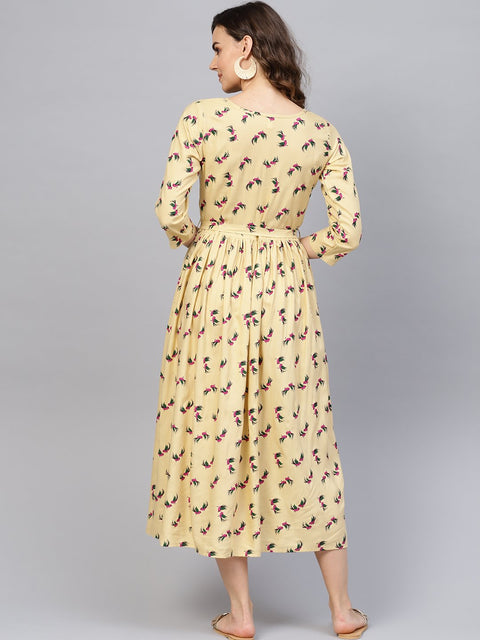 Women Beige & Magenta Printed A-Line Dress