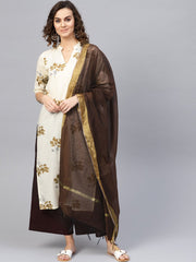Women Cream-Coloured & Coffee Brown Printed Kurta with Palazzos & Dupatta