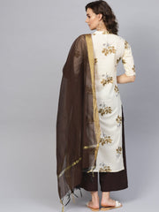 Women Cream-Coloured & Coffee Brown Printed Kurta with Palazzos & Dupatta