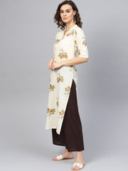 Women Cream-Coloured & Coffee Brown Printed Kurta with Palazzos & Dupatta