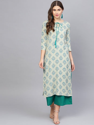 Women Green & Grey Printed Kurta with Palazzos