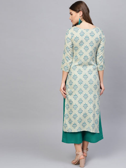 Women Green & Grey Printed Kurta with Palazzos