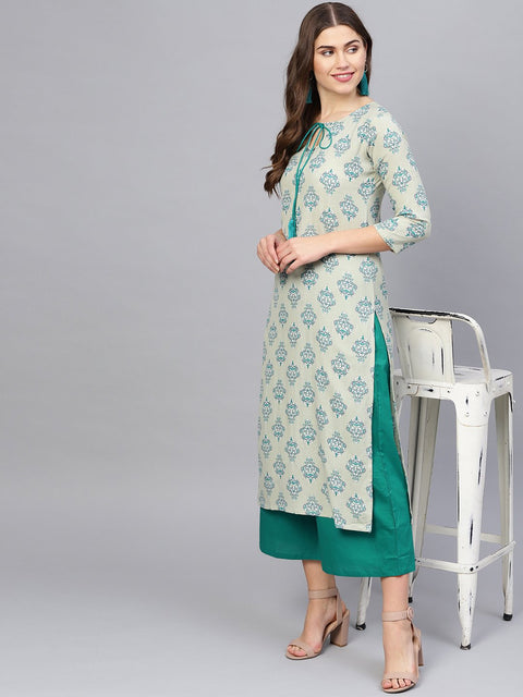 Women Green & Grey Printed Kurta with Palazzos