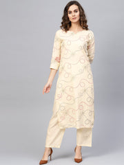Women Cream-Coloured & Red Printed Kurta with Trousers