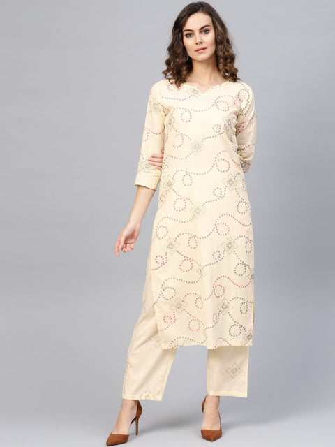 Women Cream-Coloured & Red Printed Kurta with Trousers