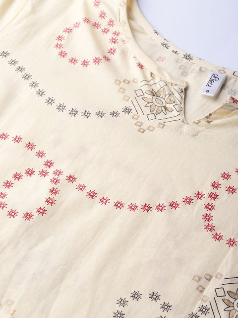 Women Cream-Coloured & Red Printed Kurta with Trousers
