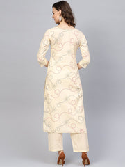 Women Cream-Coloured & Red Printed Kurta with Trousers