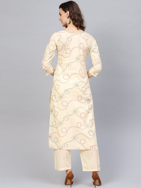 Women Cream-Coloured & Red Printed Kurta with Trousers