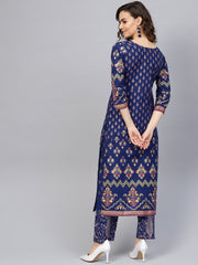 Women Blue & Golden Printed Kurta with Trousers
