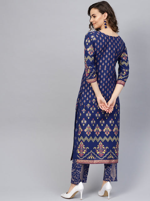 Women Blue & Golden Printed Kurta with Trousers