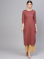 Women Maroon & Golden Printed Straight Kurta