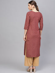 Women Maroon & Golden Printed Straight Kurta