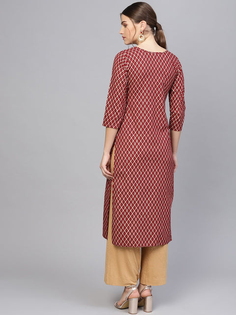Women Maroon & Golden Printed Straight Kurta
