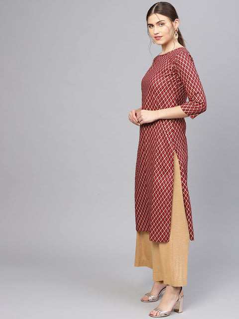 Women Maroon & Golden Printed Straight Kurta
