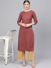Women Maroon & Golden Printed Straight Kurta