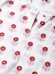 Women White & Red Printed Kurta with Trousers