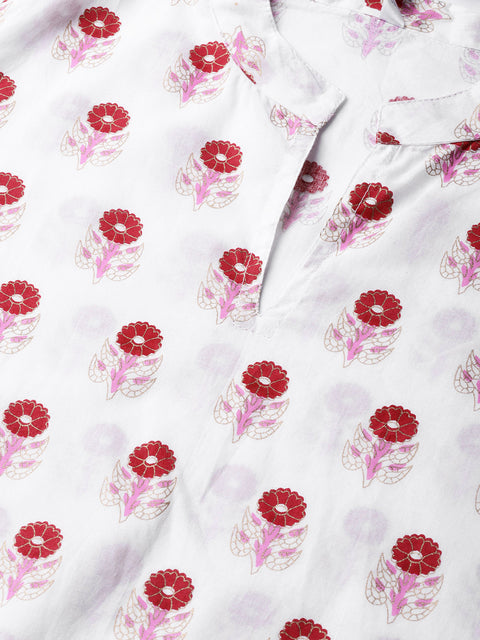 Women White & Red Printed Kurta with Trousers