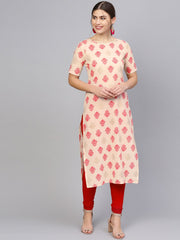 Women Cream-Coloured & Pink Printed Straight Kurta