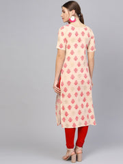 Women Cream-Coloured & Pink Printed Straight Kurta