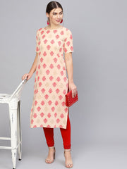 Women Cream-Coloured & Pink Printed Straight Kurta