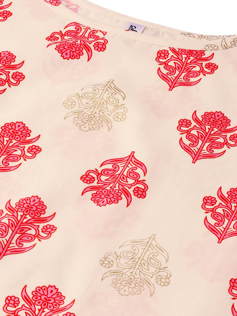 Women Cream-Coloured & Pink Printed Straight Kurta